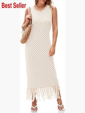 Crochet Knit Maxi Dress with Striped Pattern and Fringed Hem